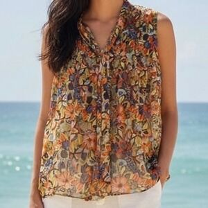Floral Tie Neck Pleated Blouse Size Large Retro Boho Chiffon 70's Summer Resort